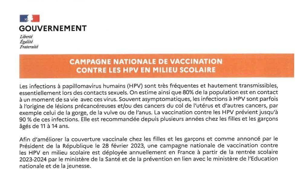 Campagne Nationale de vaccination contre les HPV en milieu scolaire